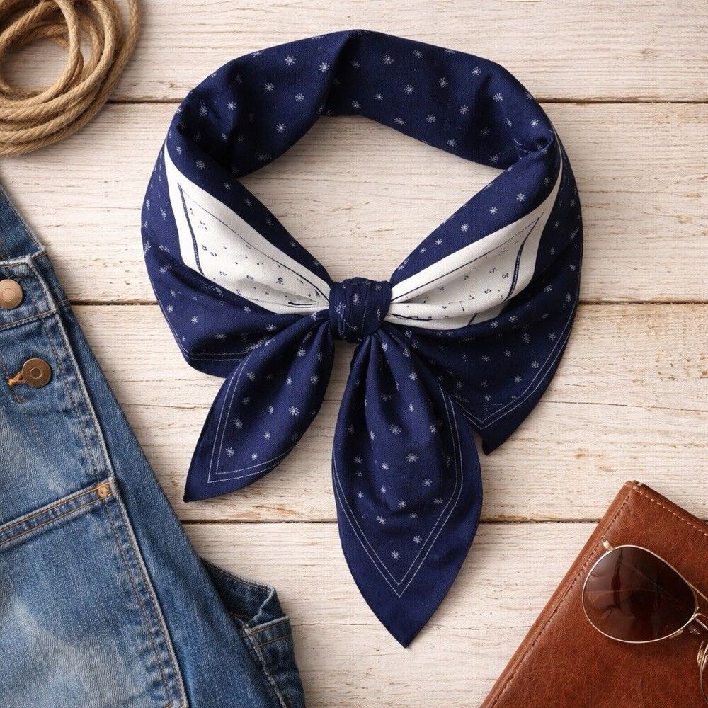 Vintage Navy Bandana Neckerchief Hair Neck Scarf Dot Print Square Silky 21" 1970
